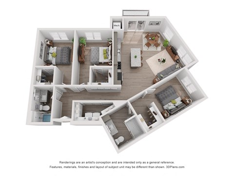 Floor plan for 3 beds, 2 baths, 1317 sqft